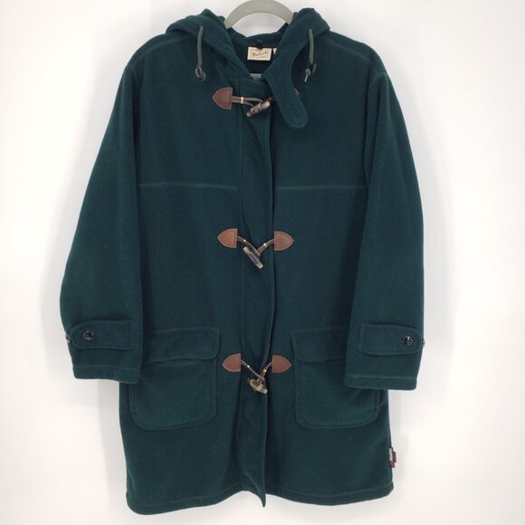 Woolrich Vintage Toggle Duffle Coat M Polartec Fleece Hooded Hunter Green - Picture 1 of 11